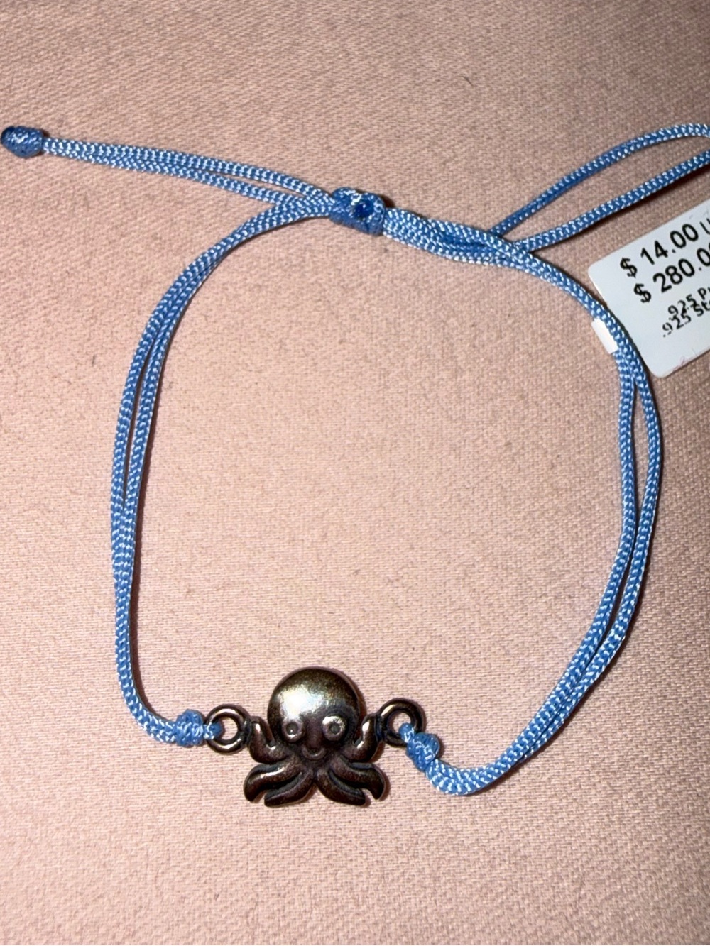 Adjustable Blue Cord Bracelet Solid Sterling Silver Octopus Charm .925 Mexico